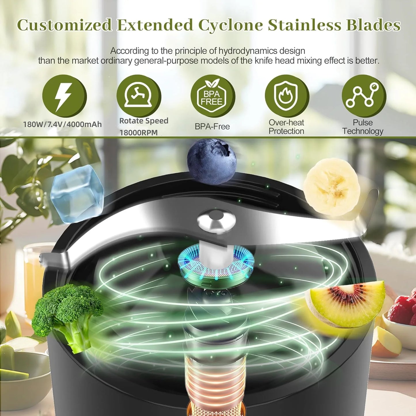 Portable Blender Electric Juicer Fruit Mixer for Kitchen Shakes Smoothies Rechargeable Juice Bottle with 500ml Cup 4000mAh 180W