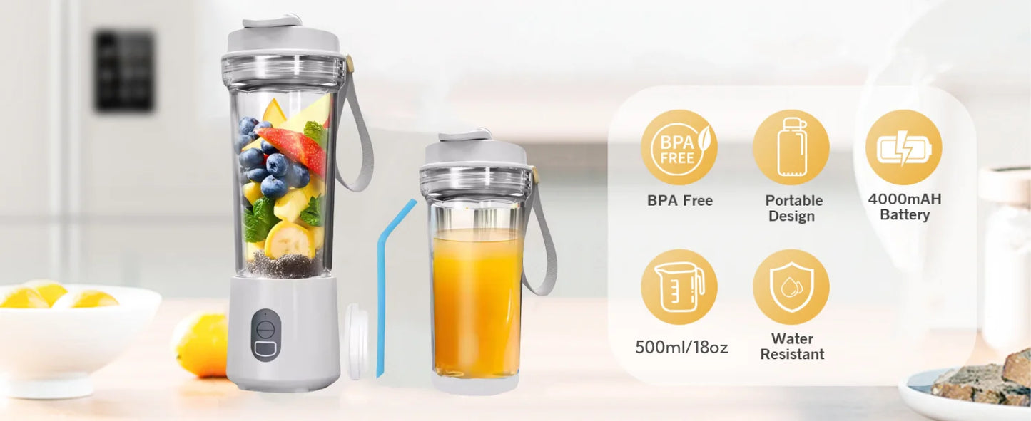 Portable Blender Electric Juicer Fruit Mixer for Kitchen Shakes Smoothies Rechargeable Juice Bottle with 500ml Cup 4000mAh 180W